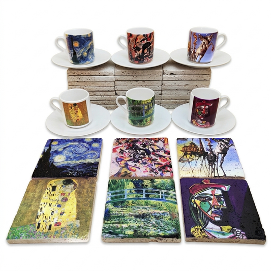 Sanatçılar Serisi – 6'lı Türk Kahvesi Fincanı ve Bardak Altlığı Seti (Dali, Van Gogh, Picasso, Kandinsky, Klimt, Monet)