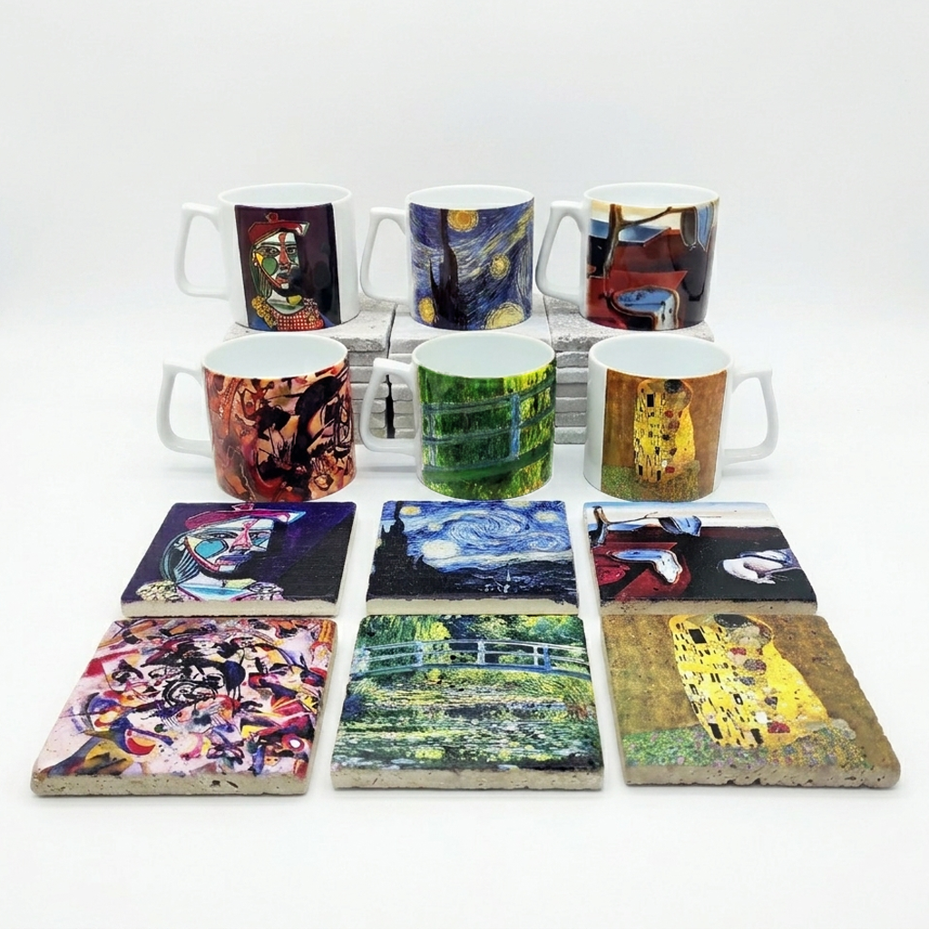 Sanatçılar Serisi – 6'lı Yelken Kulplu Kupa ve Bardak Altlığı Seti (Dali, Van Gogh, Picasso, Kandinsky, Klimt, Monet)