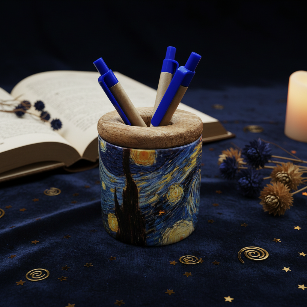 Van Gogh – Yıldızlı Gece (The Starry Night) Ahşap Kapaklı Seramik Kalemlik – görsel 3