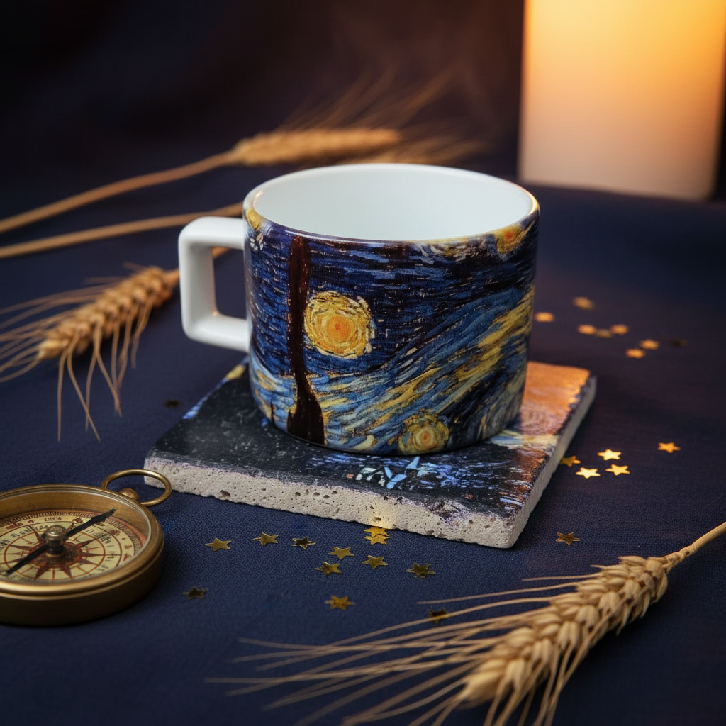 Van Gogh – Yıldızlı Gece (The Starry Night) Çay/Kahve Fincanı ve Bardak Altlığı Seti – görsel 3