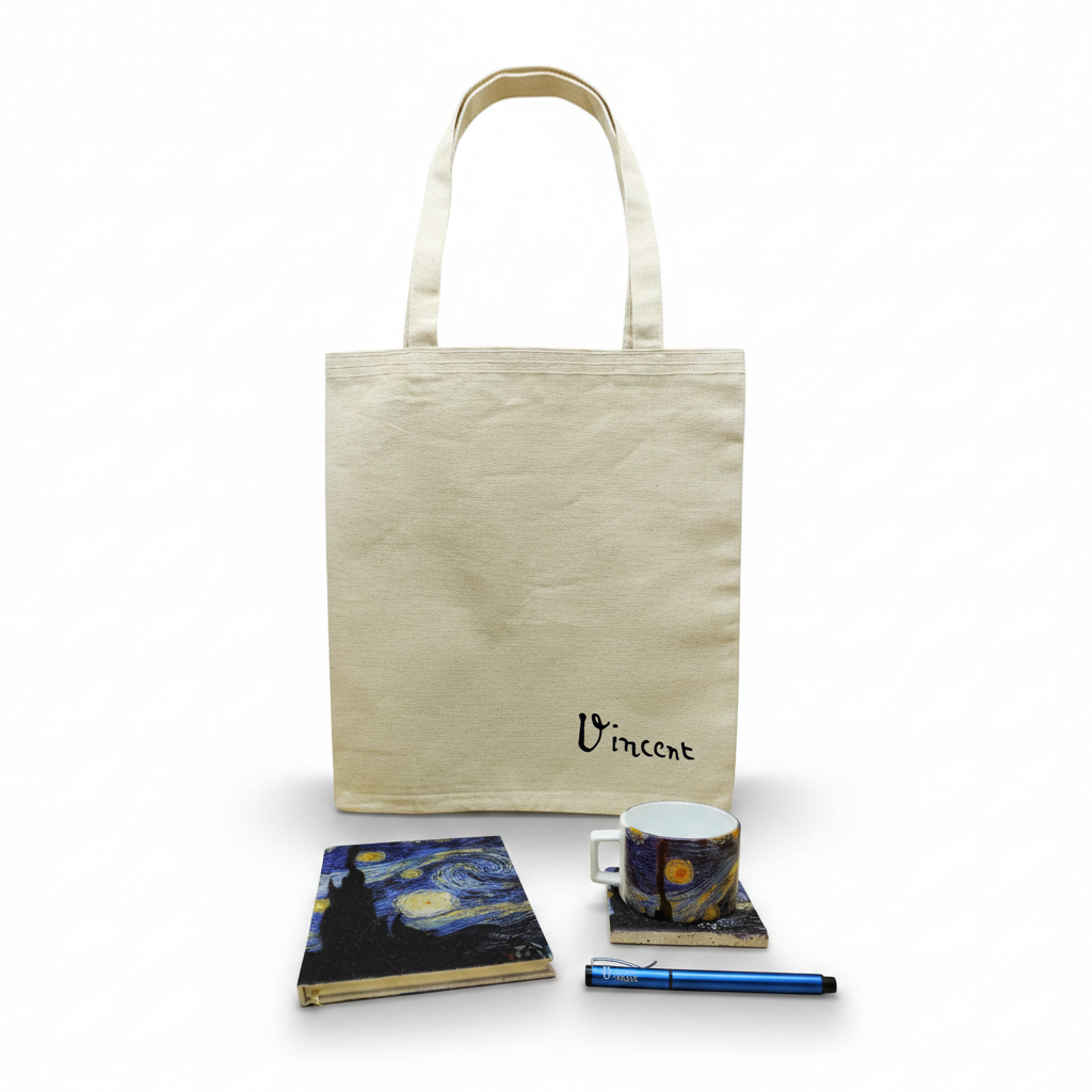 Van Gogh – Yıldızlı Gece (The Starry Night) Fincan, Bardak Altlığı, Defter, Kalem ve Kanvas Çanta Seti