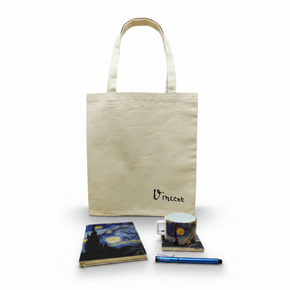 Van Gogh – Yıldızlı Gece (The Starry Night) Fincan, Bardak Altlığı, Defter, Kalem ve Kanvas Çanta Seti