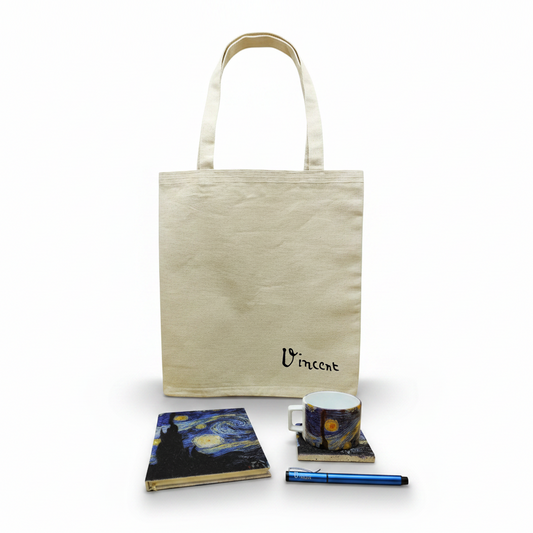 Van Gogh – Yıldızlı Gece (The Starry Night) Fincan, Bardak Altlığı, Defter, Kalem ve Kanvas Çanta Seti