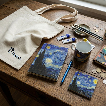 Van Gogh – Yıldızlı Gece (The Starry Night) Fincan, Bardak Altlığı, Defter, Kalem ve Kanvas Çanta Seti – görsel 2