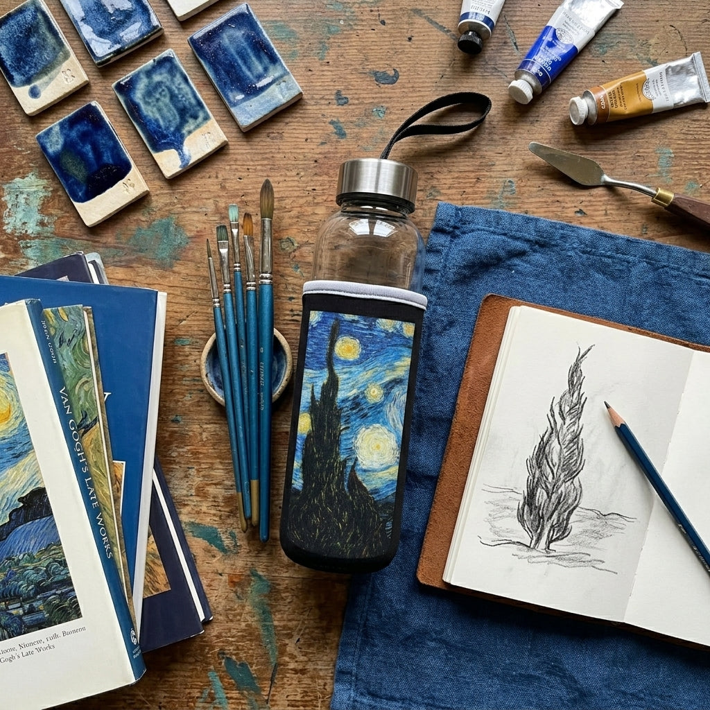 Van Gogh – Yıldızlı Gece (The Starry Night) Kılıflı Cam Matara 500 ml – görsel 5