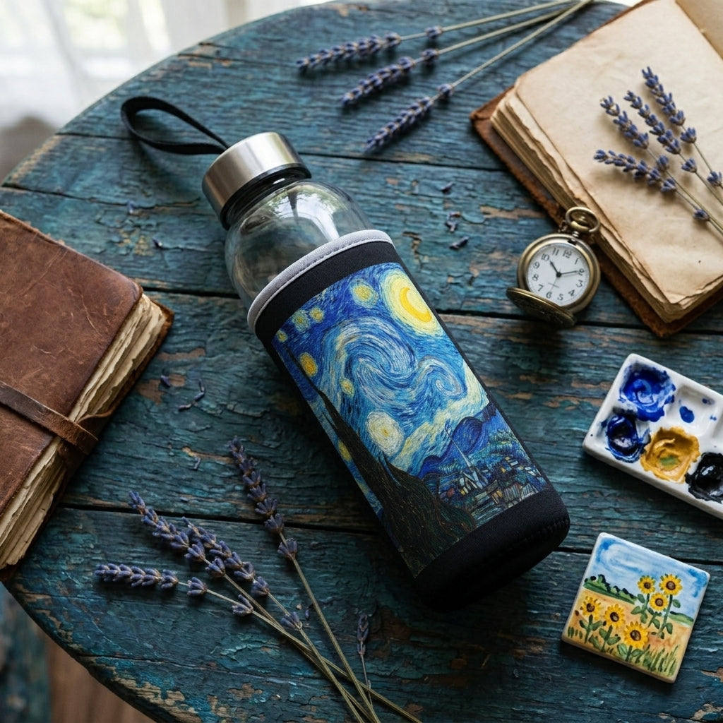 Van Gogh – Yıldızlı Gece (The Starry Night) Kılıflı Cam Matara 500 ml – görsel 6