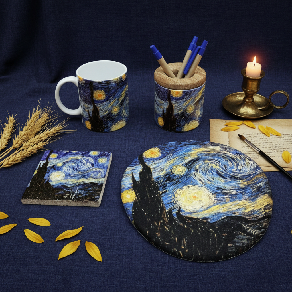 Van Gogh – Yıldızlı Gece (The Starry Night) Kupa, Mouse Pad, Bardak Altlığı ve Kalemlik Seti – görsel 2