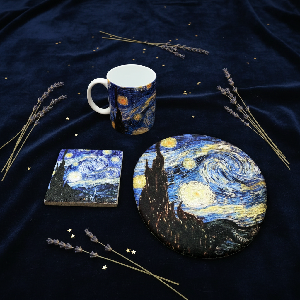 Van Gogh – Yıldızlı Gece (The Starry Night) Kupa, Mouse Pad ve Bardak Altlığı Seti – görsel 2