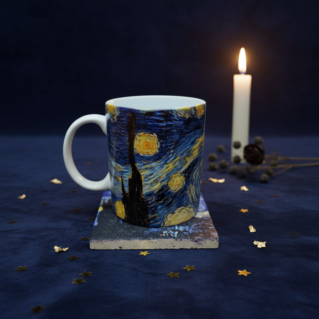 Van Gogh – Yıldızlı Gece (The Starry Night) Kupa ve Bardak Altlığı Seti – görsel 4