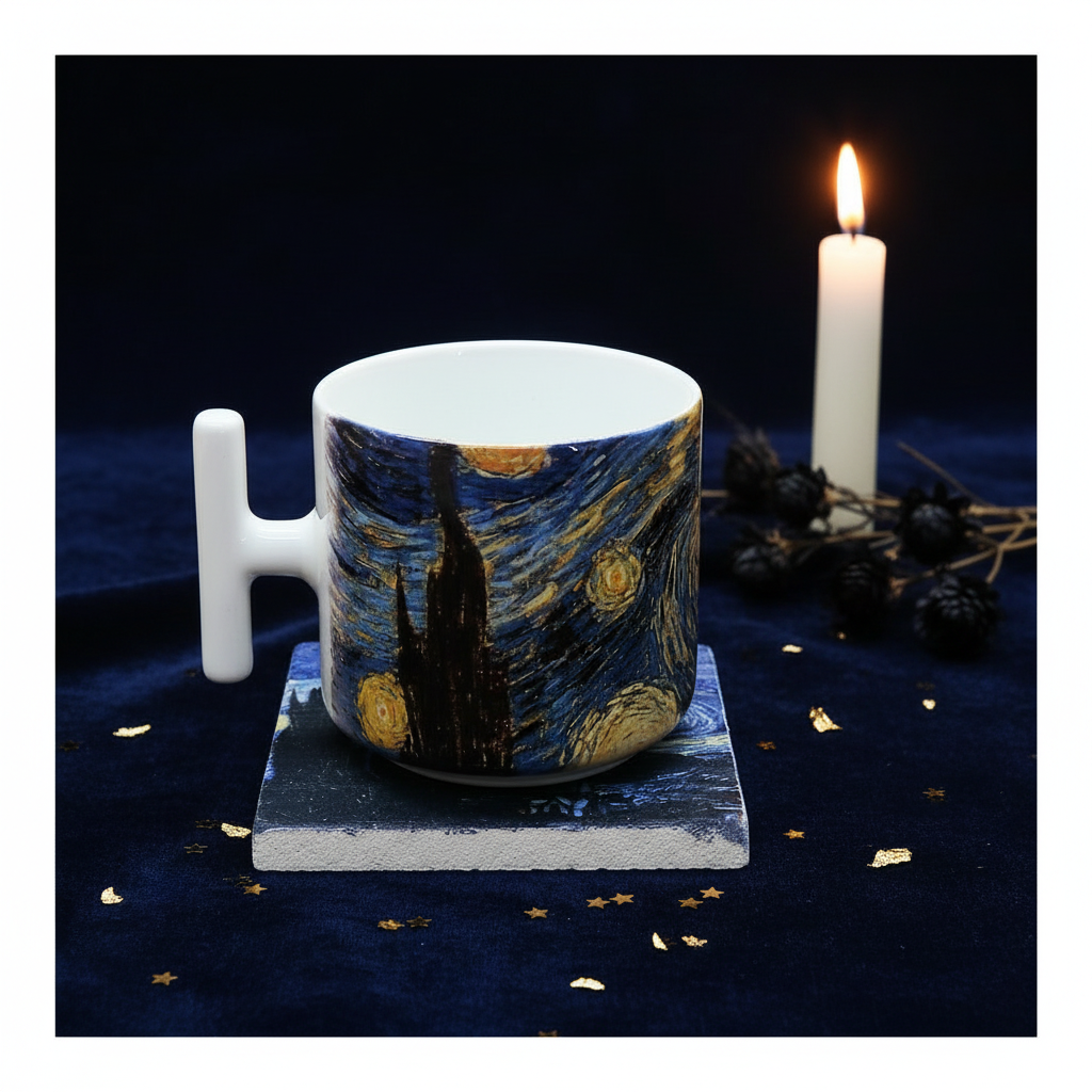 Van Gogh – Yıldızlı Gece (The Starry Night) T Kulplu Kupa ve Bardak Altlığı Seti – görsel 3