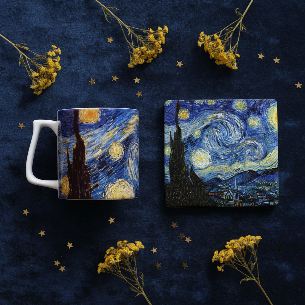 Van Gogh – Yıldızlı Gece (The Starry Night) Yelken Kulplu Kupa ve Bardak Altlığı Seti – görsel 2